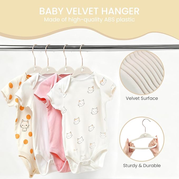 Baby Velvet Hangers 30 Pack, 11 Inch Stackable Kids Hanger for Closet, Ultra Slim Non-Slip Toddler Hangers with Rose Gold Swivel Hook & 10 Clips, Felt Hanger for Children's Clothes, Beige