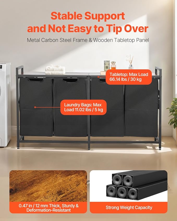 VEVOR 4 Section Laundry Sorter, Large Laundry Hamper with Metal Frame and Wooden Tabletop, Freestanding Storage Organizer Baskets with Pull-Out 600D Oxford Cloth Bags for Dirty Clothes, Bathroom