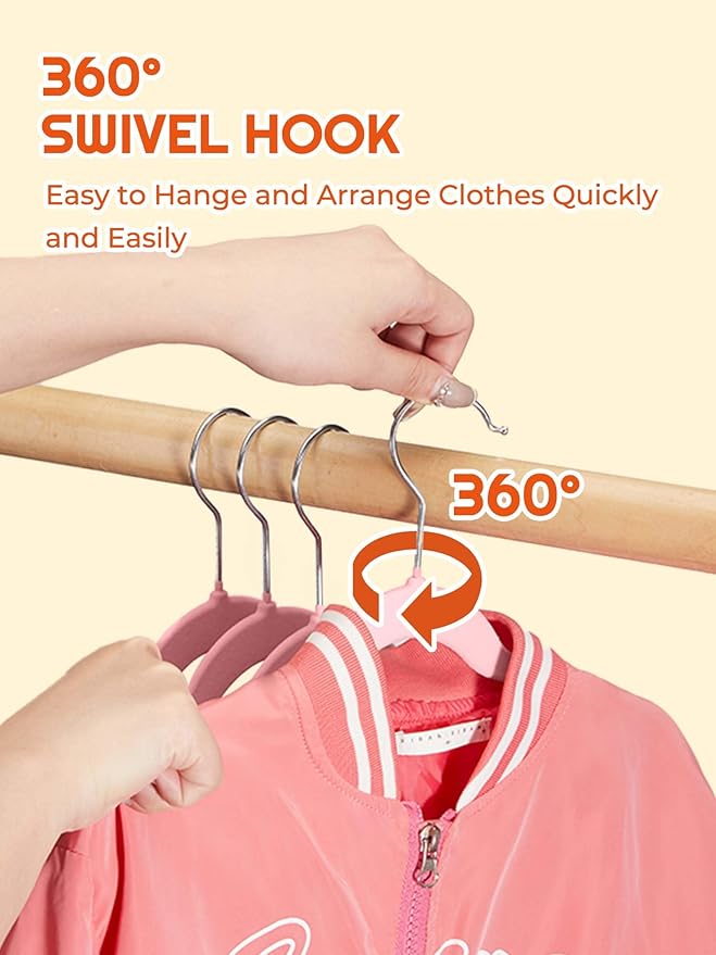 HOUSE DAY 14 Inch Kids Velvet Hangers 50 Pack, Durable Big Kids Hangers, Non Slip Kid Felt Hanger for Youth, Cute Childrens Hanger for Closet, Pink