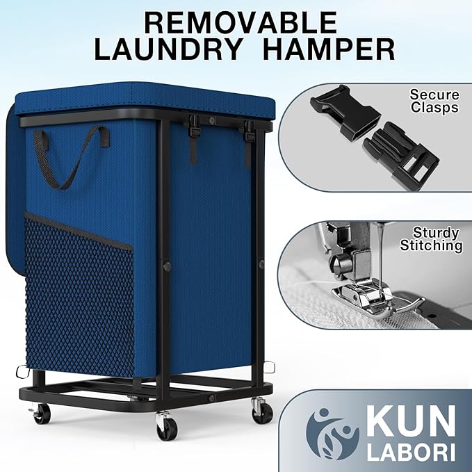40 Gal(150L) High Grade Large Laundry Basket with Wheels, Rolling Laundry Hamper, Laundry Cart with Metal Frame and Removable Bag Design, Suitable for Laundry Room, Bedroom (Dark Blue, 150L)