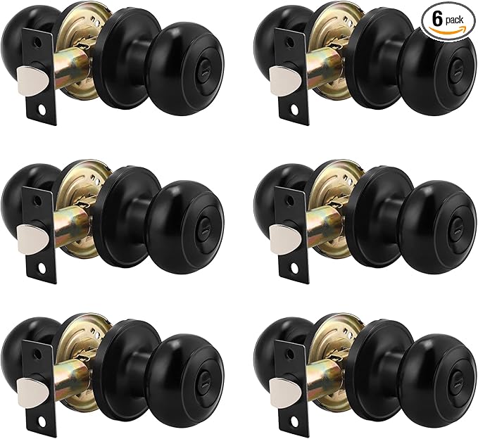 Probrico 6 Pack Round Privacy Door Knob(Thumb Turn Lock on The Inside), Keyless Doorknobs Interior/Exterior Lockset,Privacy Knobs for Bedroom/Bathroom,Black Modern Design Door Hardware