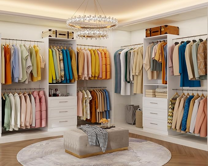 Closet System of 2 Set, 4-18FT Closet Organizer System with 10 Hanging Rods & 6 Wood Drawer & Adjustable Shelves, Walk in Closet Storage System, Free Standing Closet System, White
