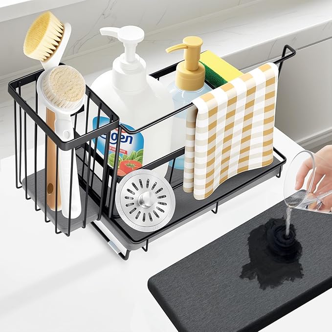 Kitchen Sink Caddy with Instant Drying Stone: Sink Sponge Holder, Stainless Steel Countertop Organizer Basket for Sponge, Scrubbers, Soap, Towel, Bathroom, Desk& Wall Mounted Mode, 2 Diatomaceous Pad