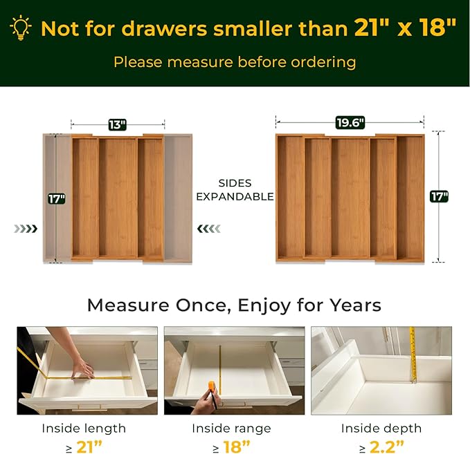 Carbonized Bamboo Kitchen Drawer Organizer, 5 Slots Expandable Silverware Organizer, Utensil Holder & Cutlery Tray, 2.2" Deep for Extra Capacity, Non-Slip Feet Included.
