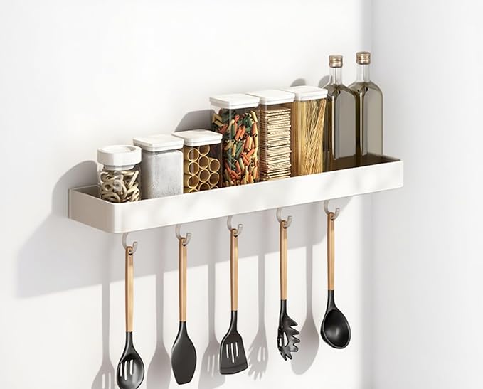 SEIDO Space-Saving Kitchen Utensil Holder | No-Drill Shelf Organizer | Wall Mount Spice Rack with Hooks | Space Aluminum | 16 Inch Long | White