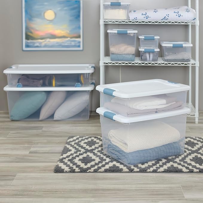Sterilite 12-Pack Latching Box, Under Bed Storage Bins with Lids, Clear Plastic, 15 Quart - Heavy-Duty Organizing Containers for Closet, Bathroom, and Office