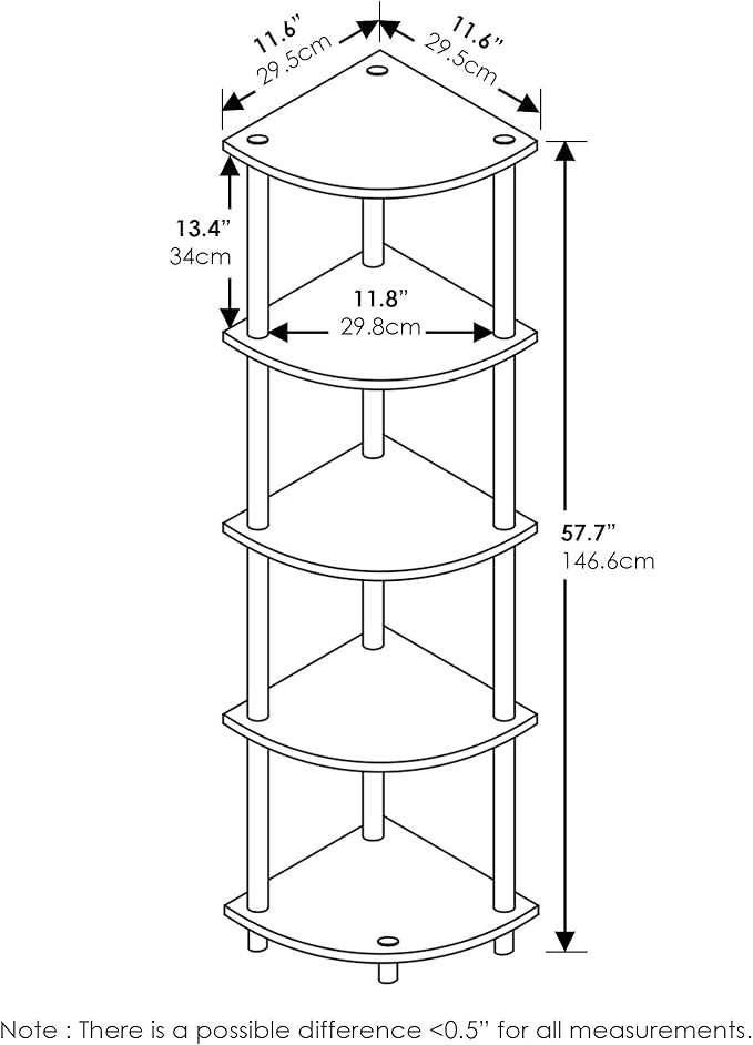 Furinno TURN-N-TUBE Corner Shelf Set of 2, 5-Tier Corner Bookshelf, Open Storage Shelves, for Organization and Storage, Living Room, Home Office, Garage, Dark Cherry