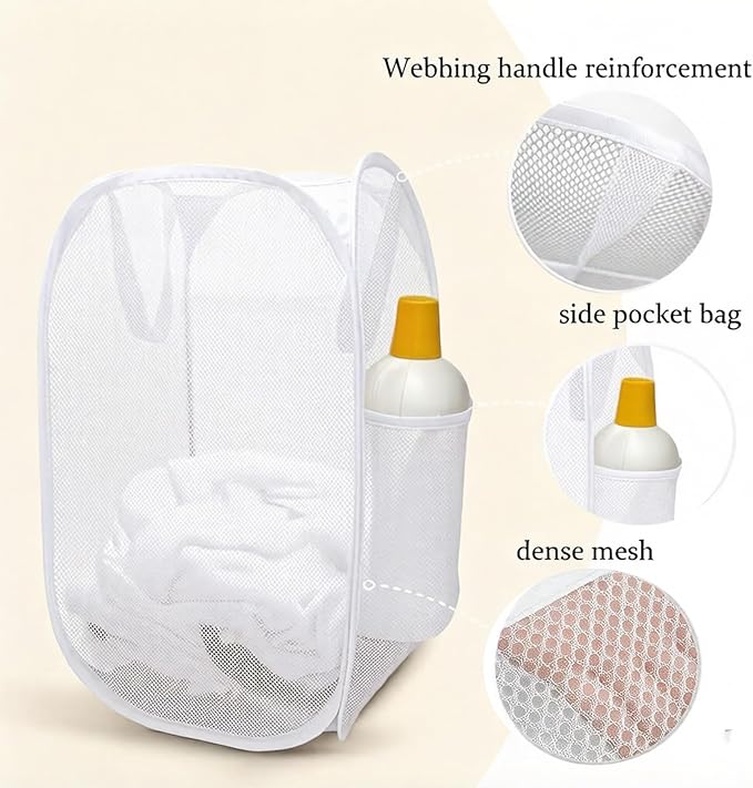 The upgraded pop-up laundry basket features a breathable side pocket mesh design, making it ideal for rooms, apartments, dormitories, travel, business trips, and children's storage (1,white)