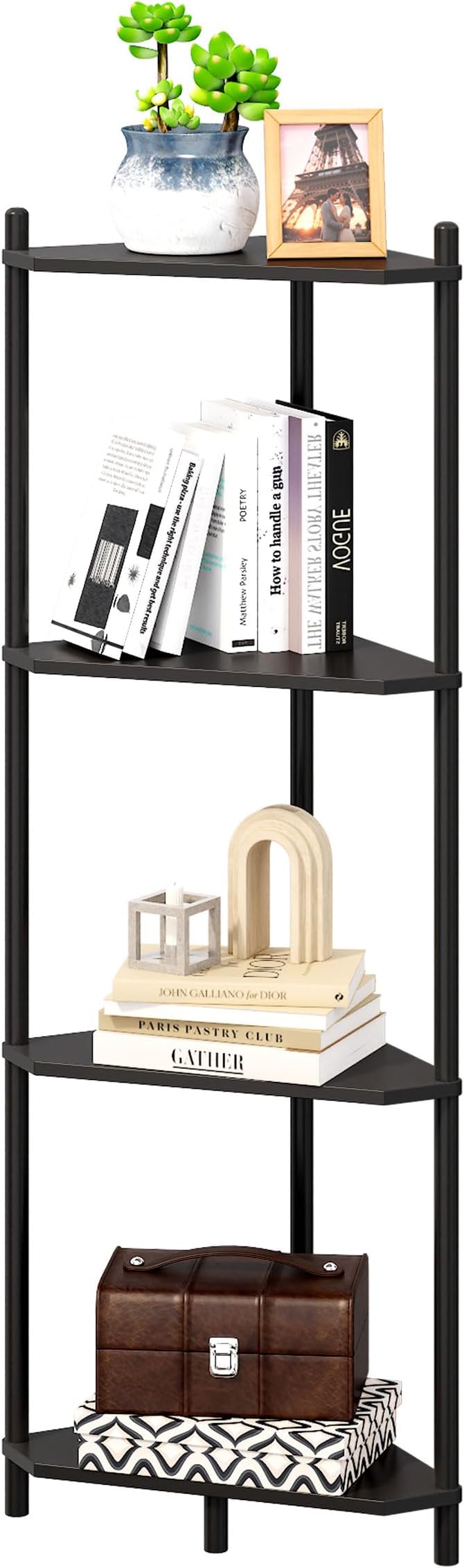 Corner Shelf Stand - 3 Tier Bamboo Small Corner Bookshelf for Office Kitchen Bedroom Plant Stand Living Room Decor Small Space (Black, 4 Tier)