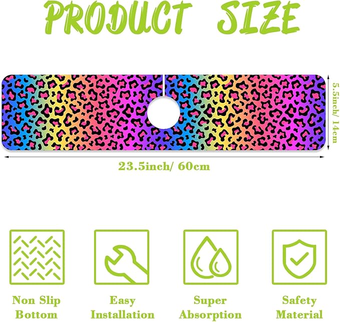 Sink Faucet Absorbing Mat Rainbow Colored Leopard Print Sink Splash Guard Drying Mat for Kitchen Bathroom Faucet Sinkmat 23.5"X5.5"