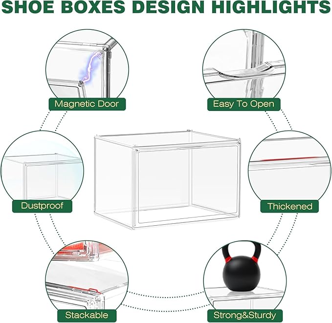 EDS FAM 6 Pack X-Large Acrylic Display Case, Size 14 Clear Shoe Box Stackable Sneaker Display Case with Magnetic Lid Multipurpose Storage Bin for Closet for Purses, Handbags, Cosmetics, Collectibles