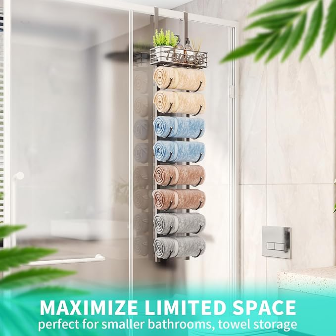HapiRm Towel Racks for Bathroom Storage - 9 Tier Over The Door & Wall Mount Rolled Towel Storage Organizer Holder with Metal Shelf Basket for Small Bathroom, Camper, Rv - Patented