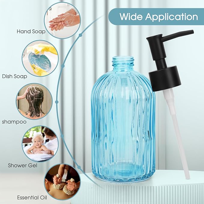 2 Pack Stripe Glass Soap Dispenser with Black Plastic Pump, 400ml Liquid Hand Soap Dispenser, Rustproof Pump for Kitchen & Bathroom, Great for Lotions, Essential Oil, Liquid Soaps- (Light Blue)