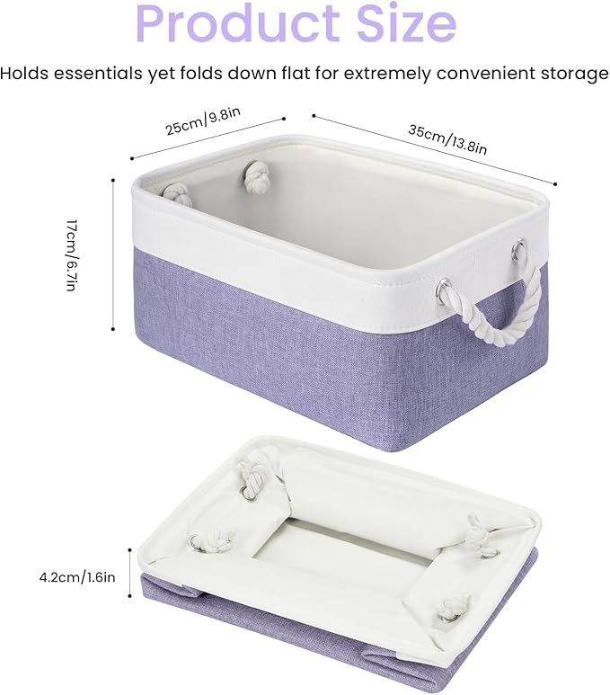 Storage Baskets for Shelves 13.8x9.8x6.7 Inch, Foldable Fabric Storage Bins with Handles, Small Storage Baskets for Organizing Closet, Office, Home Organization (1-Pack, White&Purple)