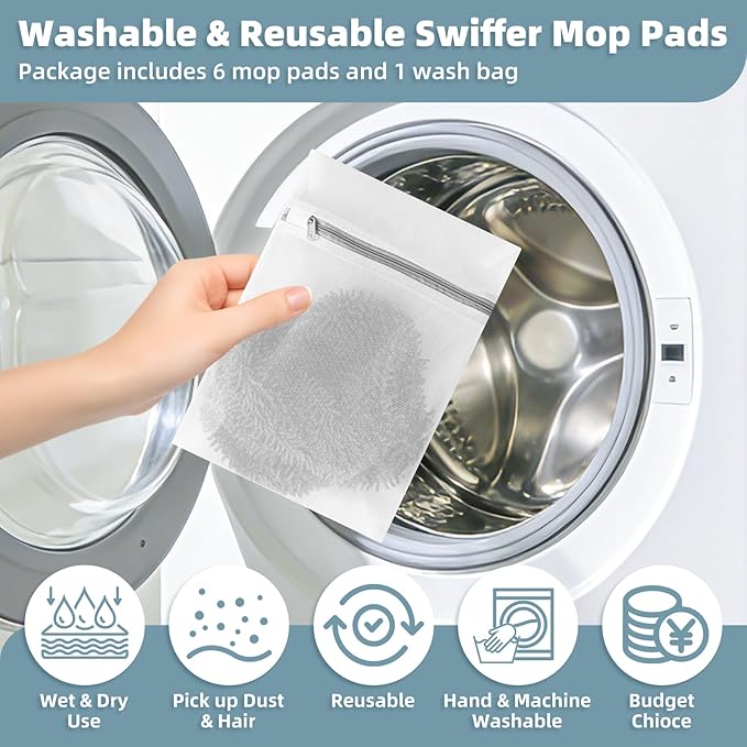 6 Pack Reusable Mop Pads Compatible with Swiffer Sweeper, Washable Wet & Dry Mopping Sweeping Cloth for Multi-Surface Cleaning, Microfiber Chenille Pad Refills (Gray, Not Include MOP)