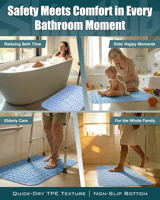 ShineHub Non-Slip Bath Mat for Tub Shower, TPE Machine Washable Bathroom Essentials with Suction Cups, Quick-Dry 28x16 Inch (Seashell Blue)