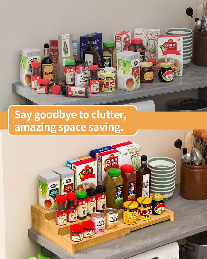 Spice Rack, 3-Tier Expandable Bamboo Spice Rack Organizer for Cabinet - Kitchen, Pantry and Cupboard Storage Organizer