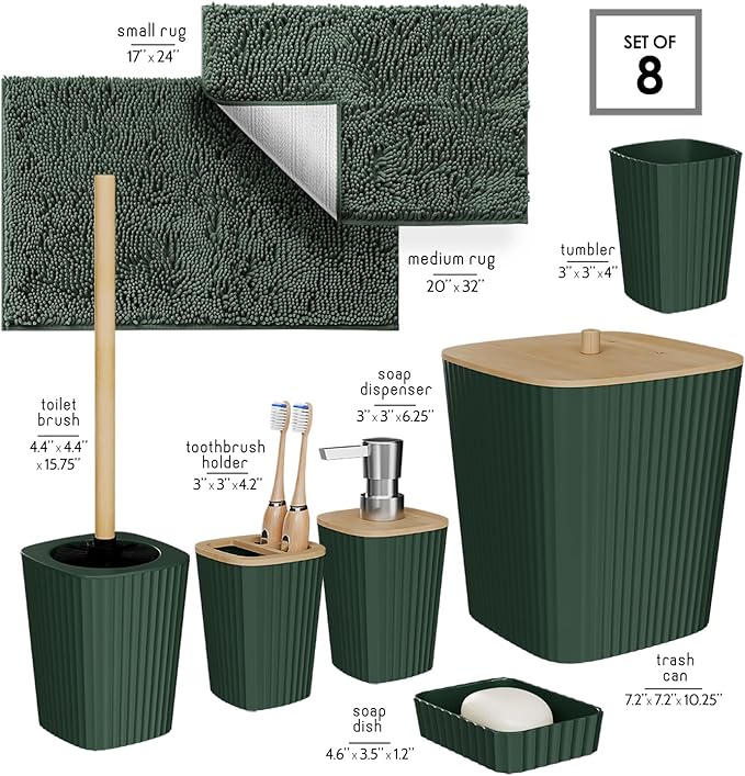Clara Clark Bathroom Set - Hunter Green Bathroom Accessories Set, 6PC Bathroom Accessory Set, Bathroom Sets with Bathroom Rugs, Toilet Brush, Trash Can & Soap Dispenser