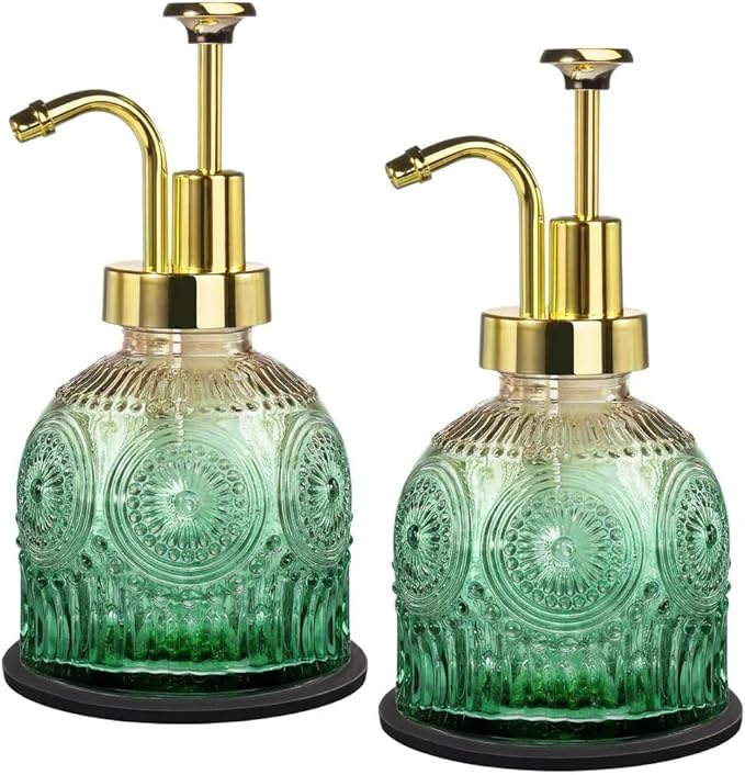 Amolliar 8 Oz Vintage Glass Bathroom Soap Dispensers with Pump, 2 Pack Refillable Kitchen Dish Soap Dispenser with Stripe, Antique Rustic Hand Soap Liquid Bottle (Green Gradient-Golden Pump)