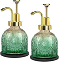 Amolliar 8 Oz Vintage Glass Bathroom Soap Dispensers with Pump, 2 Pack Refillable Kitchen Dish Soap Dispenser with Stripe, Antique Rustic Hand Soap Liquid Bottle (Green Gradient-Golden Pump)