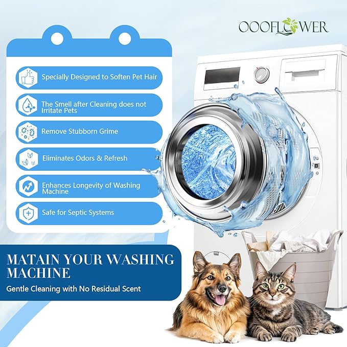 OOOFLOWER 24PC Washing Machine Cleaner Tablets, Formulated for Pet Owners, Pet Hair Remover, Deodorizer, Work with Top & Front Load, HE, Deep Cleaning Descaler, Removes Residue and Odors, Septic Safe