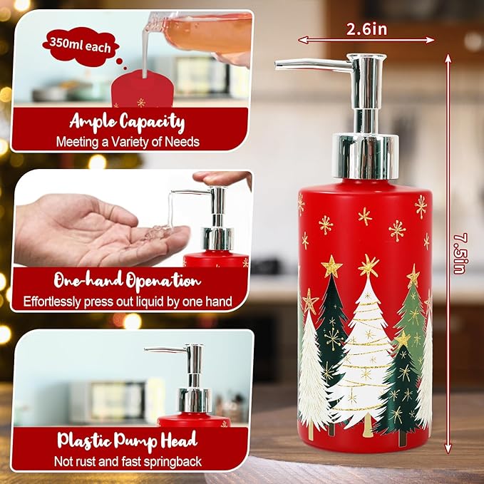 JarThenaAMCS Christmas Soap Dispenser Red Gold Xmas Tree Glass Hand Dispenser with Pump Refillable Liquid Soap Container for Home Kitchen Bathroom Countertop