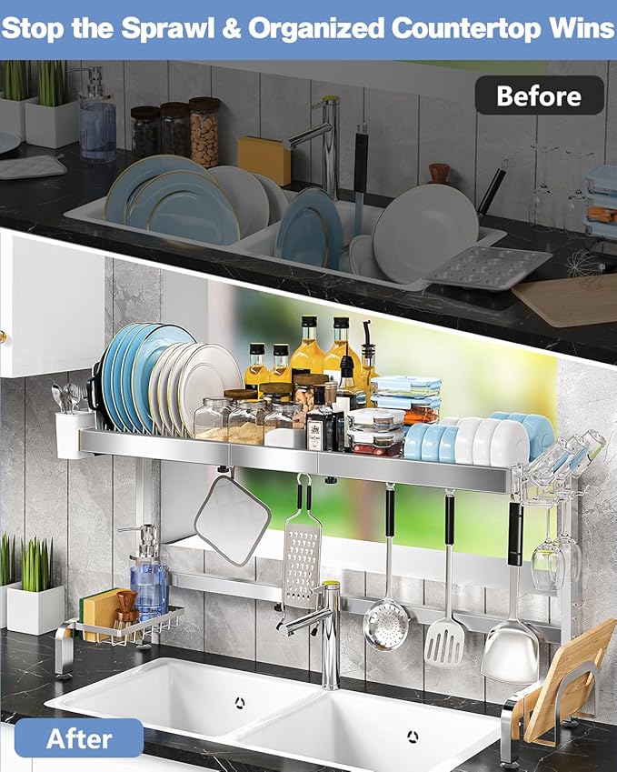 2 Tier Extra Large Over The Sink Dish Drying Rack, Expandable Stainless Steel Dish Drainer with Multifunctional Organizer, Space-Saving Above Sink Dish Rack with Large Capacity for Kitchen Counter