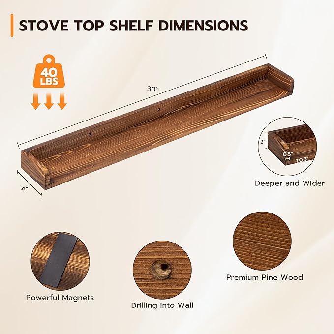 Fun Memories Stove Top Shelf, 30" Magnetic Shelf for Kitchen Stove, Pine Wood Stove Shelves, Wall Mounted Shelves for Home Storage Organization, Heat and Pressure Resistant, 1pcs, Dark Brown
