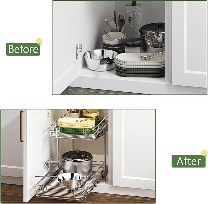MODCART 2 Tier Individual Pull Out Cabinet Organizer 11½" W x 21½" D, Heavy Duty Cabinet Pull Out Shelves, Slide Out Drawers Organization for Kitchen Cabinets Bathroom