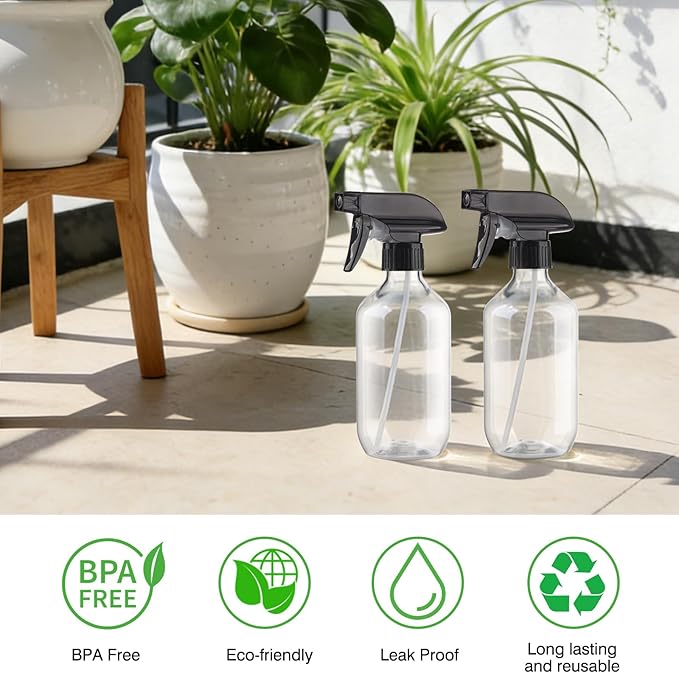 Aeibxiy Plastic Spray Bottles 13.5oz/400ml, Clear 2 Pack Mist Stream Adjustable Water Spray Bottle, BPA-Free, Empty Refillable Container for Hair, Cleaning, Plants, Essential Oils