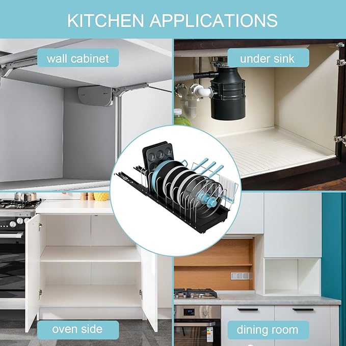 Golener Pots and Pans Organizer Under Cabinet - 22" Deep Expandable Pot Organizers inside Cabinet with 10 Adjustable Dividers &Handrail, No Drill Pot Lid Holder, Sliding Pot Lid Holder, 1 Pack