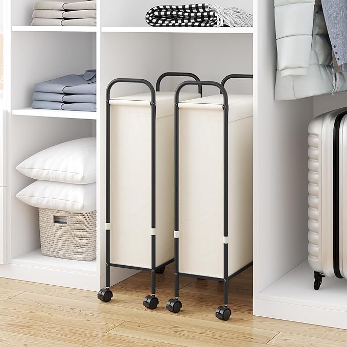 ELYKEN Slim Laundry Hamper with Lid, 50L Small Rolling Laundry Basket on Wheels, 7.9” Narrow Dirty Cloth Cart with Removable Inner Bag for Small Bathroom, Bedroom, Creamy