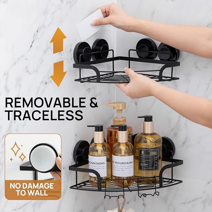 LEVERLOC 2 Pack Strong Suction Cup Corner Shower Caddy, Large Capacity Removable Bathroom Organizer, Stainless Steel Rustproof Shower Shelves with Hook, Drill-Free Wall Mounted Suction Basket, Black