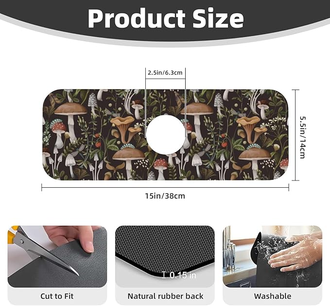 Mushroom Mushrooms Fern Forest Autumn Kitchen Sink Splash Guard Faucet Mat Super Absorbent Fast Drying Mat Sink Gadgets-Fast Drying Pad Sink Mat For Kitchen Bathroom (15" X 5.5" )