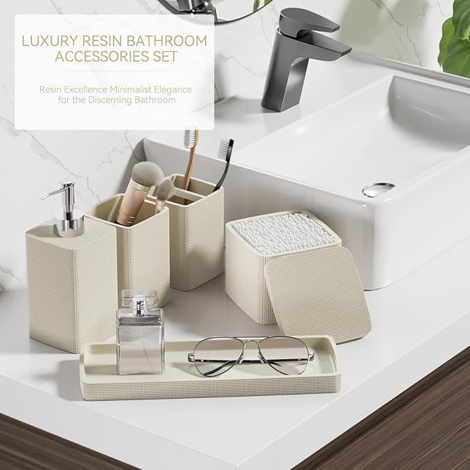 Beige Bathroom Accessories Set 5 Pieces, Resin Toothbrush Holders Set Complete with Soap Dispenser, Toothbrush Holder, Vanity Tray, Bathroom Tumbler and Qtip Holder for Small Spaces