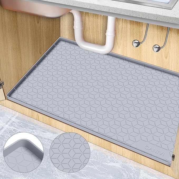 Under Sink Mat, 34" x 22" Waterproof Silicone Under Sink Tray for Kitchen & Laundry Cabinets, Kitchen Cabinet Shelf Protector, Up to 3.3 Gallons Liquid, Fits 36 inch Standard Cabinet Light Grey