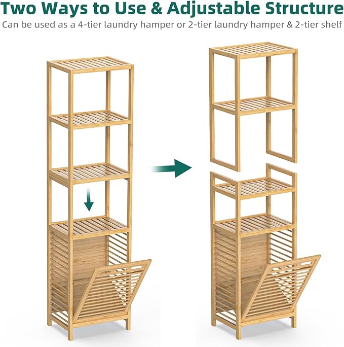 Bamboo Tilt Out Laundry Hamper, 4-Tier Tilt Out Hamper for Laundry with Shelf & Removable Clothes Basket - Can Convert to 2-Tier Pull-Out Laundry Hamper & 2 Tier Freestanding Shelf, Beige