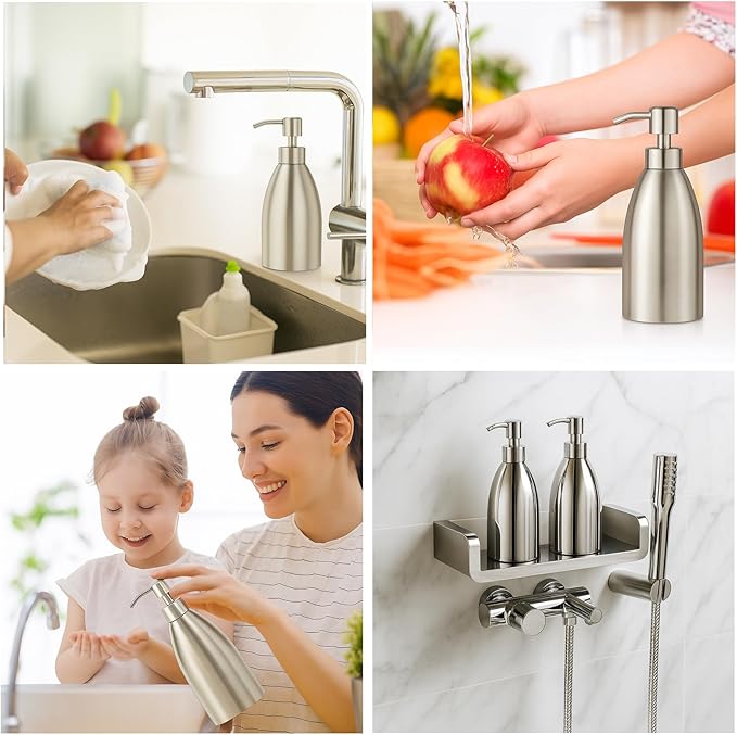 304 Stainless Steel Soap Dispenser 16oz Rust-Proof Liquid Soap Pump Bottle for Kitchen or Bathroom Countertop Hand Dish Lotion Leak-proof (Brushed Nickel)