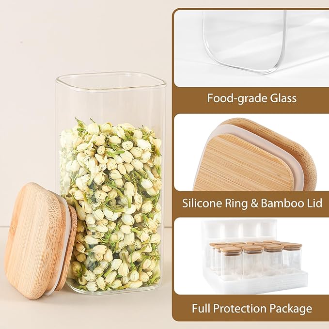 20 Pack 10 oz Square Glass Spice Jars with Lids and Labels – Airtight Small Spice Containers Set, Clear Glass Storage Jars for Seasoning, Spices, Kitchen Pantry Organization