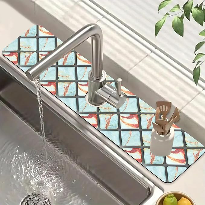 Rendering Marble Kitchen Sink Splash Guard Faucet Mat Blue Wall Tiles Super Absorbent Fast Drying Mat Sink Splash Guard Behind Faucet for Kitchen Bathroom, 23.5"x5.5"