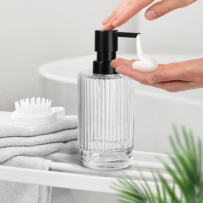 Glass Soap Dispenser with Pump, 11 fl oz Clear Hand Soap Dispensers for Bathroom, Ribbed Style Dish Soap Dispenser for Kitchen, Modern Refillable Liquid Soap Pump Bottle