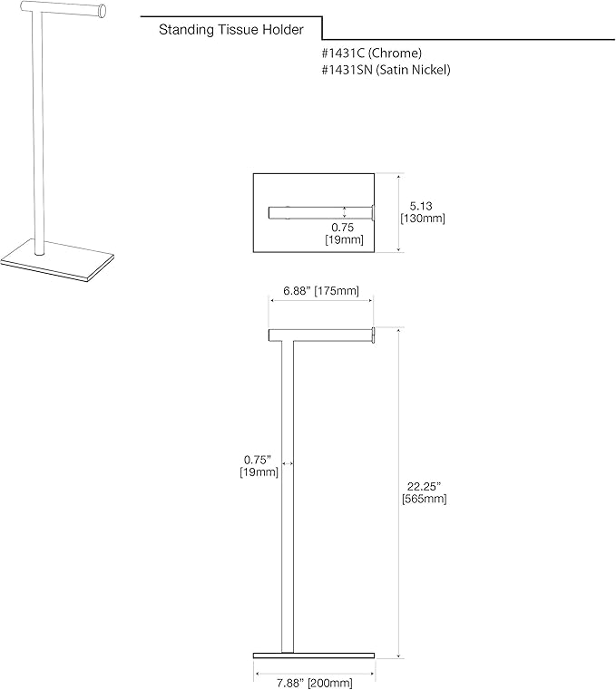 Gatco 1431SN, Modern Rectangle Base Freestanding Toilet Paper Holder, 22.25”, Satin Nickel/Free Standing Toilet Tissue Holder Stand with Weighted Base