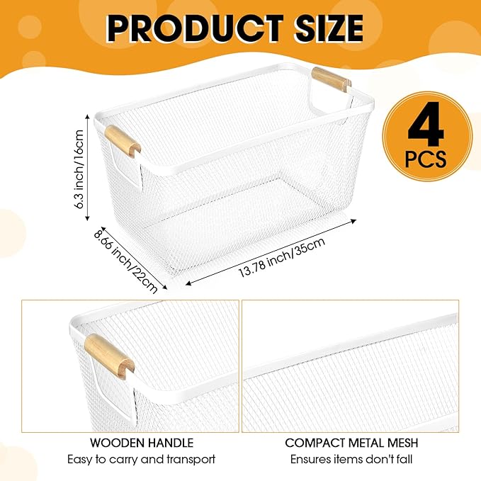 4 Pcs Metal Wire Basket with Wooden Handles Mesh Steel Storage Organizer Bin Containers for Home Organizing Cabinet Pantry Closet Kitchen Fridge Fruit Makeup Snacks Gifts(Large,Cream White)