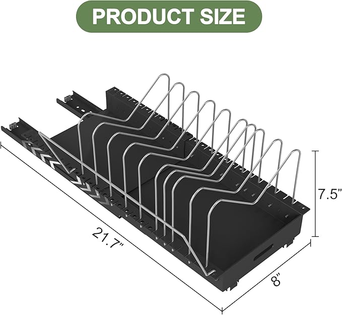 Expandable Pots and Pans Organizer Under Cabinet, Sliding Pot Lid Holder and Pan Rack in Kitchen,Pull Out Pan Organizers with 10 Adjustable Dividers, Slide Out Cookware Organizer for Kitchen Storage