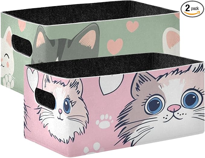 Cats Paw Hearts Sage Green Closet Storage Bins 2 Pcs Felt Open Home Storage Containers Organizer with Handles Collapsible Shelf Basket for Home Office Craft Room Classroom Fabric