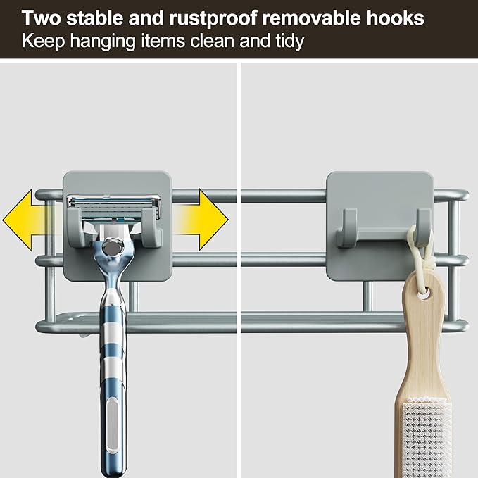 Orimade Adjustable Anti-slip Shower Caddy over Shower Head, Rustproof Bathroom Hanging Organizer with 2 Hooks for Razor, No Drilling Shelves Storage Rack 2 Tier, Light Grey