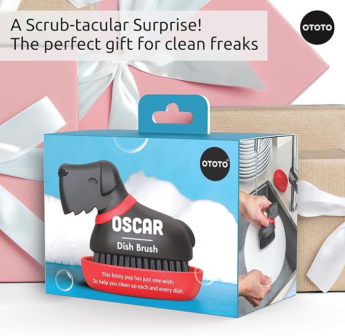 (NEW) OTOTO Oscar Dog Dish Brush - Dog Gifts, Daschund, Wiener Dog, Dish Scrub Brush, Dish Scrubber, Kitchen Vegetable Scrub Brush Palm Brush, White Elephant Gifts, Cute Kitchen Gadgets