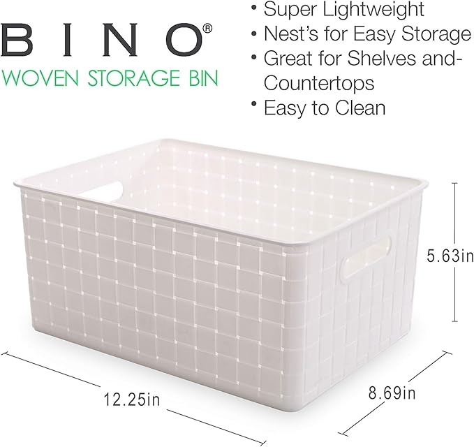 BINO Plastic Basket, Medium - White, 4 Pack, THE STABLE COLLECTION, Multi-Use Storage Basket, Rectangular Cabinet Organizer, Baskets for Organizing with Handles, Home & Office Storage Organizer