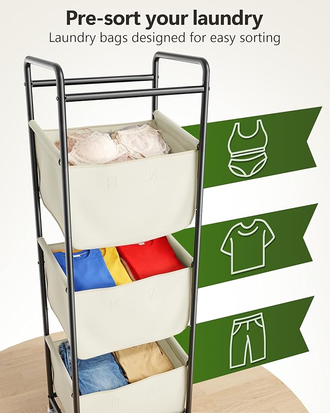 Moforoco Vertical Laundry Sorter 3 Section with Removable Bag, Laundry Hamper with Wheels, 120 L Rolling Laundry Baskets organizer for Bathroom, Apartment, Dorm Room, Beige