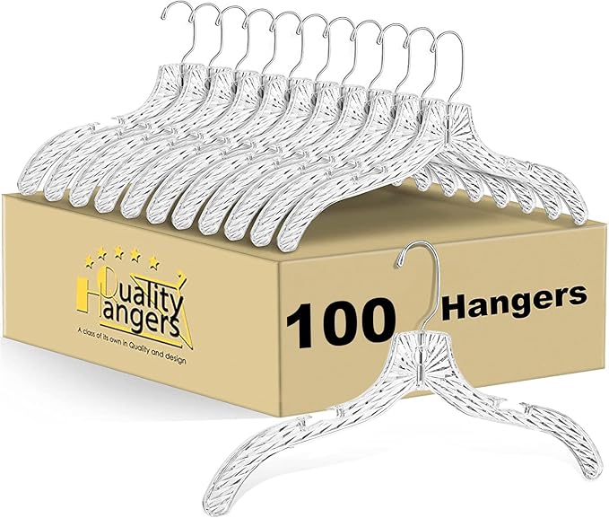 Quality Clear Plastic Hangers 100 Pack - Durable Crystal Cut Heavy Duty Hangers for Clothes, Shirts, Suits, Coats, Dresses